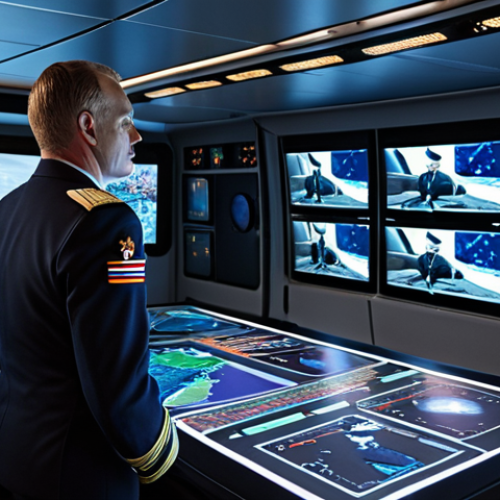 **

A senior Royal Netherlands Navy officer stands on the bridge of a modern warship, reviewing a complex situation displayed on holographic screens. He is surrounded by junior officers, listening attentively. The overall feeling is one of strategic planning, leadership, and high-level decision-making. The environment is professional and technological advanced.
**