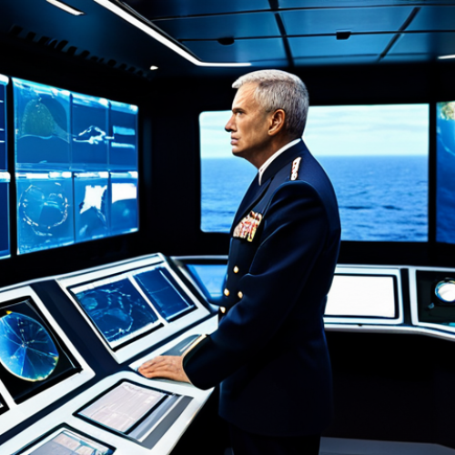 ** A highly focused professional naval admiral, dressed in a modest and appropriate modern naval uniform, stands on the bridge of a futuristic warship. The admiral is observing advanced digital displays showing strategic maritime data and complex tactical overlays. The environment is a clean, high-tech command center with large panoramic screens depicting a calm, open ocean. The image emphasizes intellectual focus and calm leadership in a demanding environment. Perfect anatomy, correct proportions, well-formed hands, natural pose, professional photography, high quality, safe for work, appropriate content, fully clothed, professional.

**