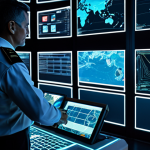 A professional naval officer, fully clothed in a modern, modest uniform, stands in a sophisticated, dimly lit command center. The officer is interacting with a large, translucent holographic display showing real-time data streams, complex maritime maps, and the movements of a swarm of autonomous vessels on the ocean. The interface highlights advanced AI analysis and strategic recommendations. The background is filled with glowing screens and futuristic console designs.