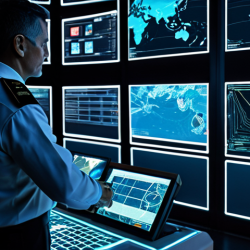 A professional naval officer, fully clothed in a modern, modest uniform, stands in a sophisticated, dimly lit command center. The officer is interacting with a large, translucent holographic display showing real-time data streams, complex maritime maps, and the movements of a swarm of autonomous vessels on the ocean. The interface highlights advanced AI analysis and strategic recommendations. The background is filled with glowing screens and futuristic console designs.