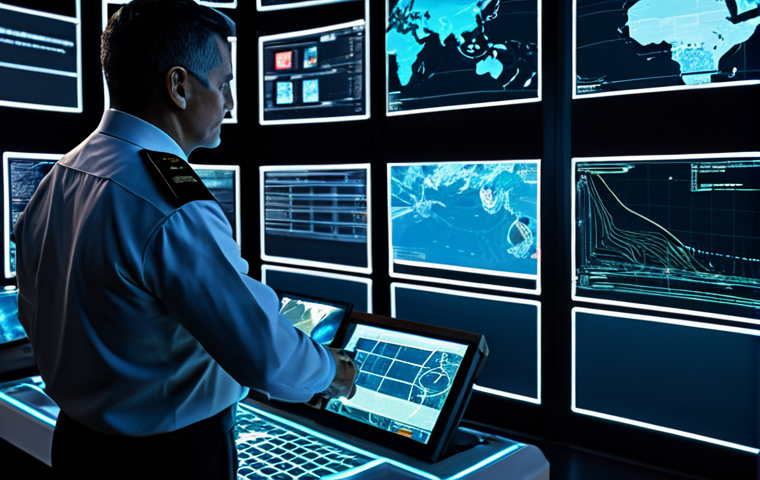 A professional naval officer, fully clothed in a modern, modest uniform, stands in a sophisticated, dimly lit command center. The officer is interacting with a large, translucent holographic display showing real-time data streams, complex maritime maps, and the movements of a swarm of autonomous vessels on the ocean. The interface highlights advanced AI analysis and strategic recommendations. The background is filled with glowing screens and futuristic console designs.